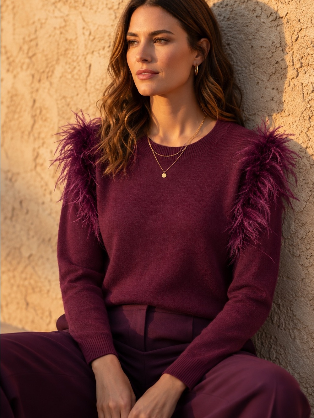 Burgundy Feather Sweater Size M Viscose Blend Autumn Halloween Witchy Dark Fairy